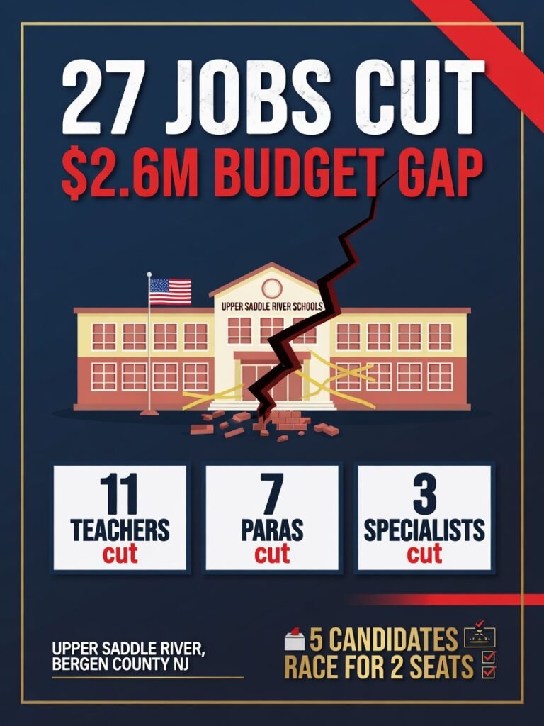 Infographic: Upper Saddle River school budget crisis — 27 positions cut, $2.6M gap, 5 candidates for 2 board seats