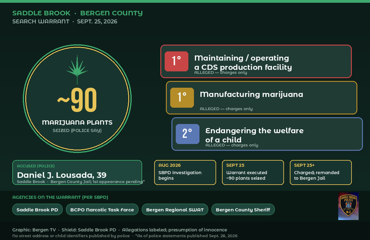 Infographic: Saddle Brook warrant — approximately 90 marijuana plants seized; three alleged charges; agencies on the warrant; investigation timeline Aug–Sept 2026