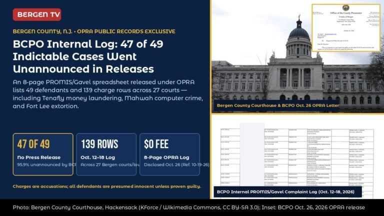 Bergen County Courthouse in Hackensack, N.J., and the Oct. 26, 2026 Bergen County Prosecutor’s Office OPRA complaint log