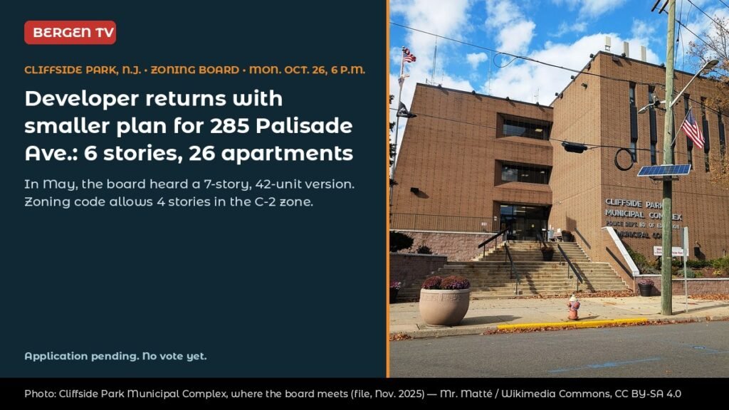 Developer Scales Back 285 Palisade Ave. Plan in Cliffside Park, N.J., to Six Stories and 26 Apartments Ahead of Oct. 26 Hearing
