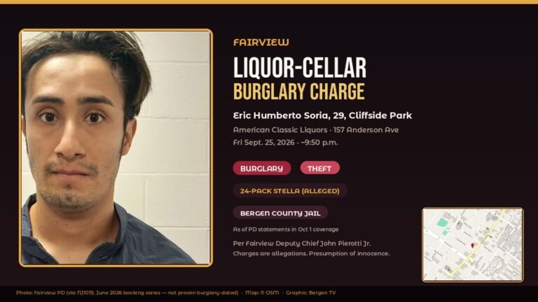 Eric Humberto Soria — Fairview PD booking photo via NJ1015 June 2026 series; charged in alleged American Classic Liquors cellar burglary Sept. 25, 2026