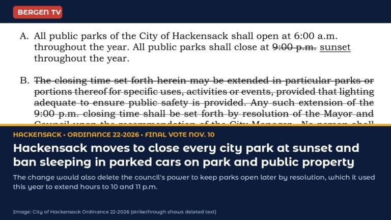 Hackensack Moves to Close Every Park at Sunset and Ban Sleeping in Parked Cars on Park and Public Property; Final Vote Nov. 10