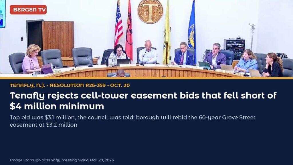 Tenafly, N.J., Rejects Cell-Tower Easement Bids That Fell Short of $4 Million Minimum; Will Rebid at $3.2 Million